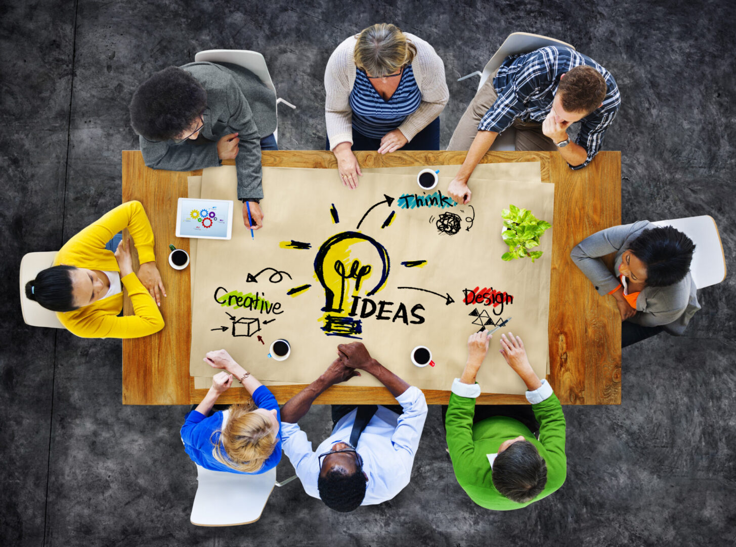 Group brainstorming ideas around a table.