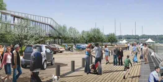 Waterfront promenade with visitors