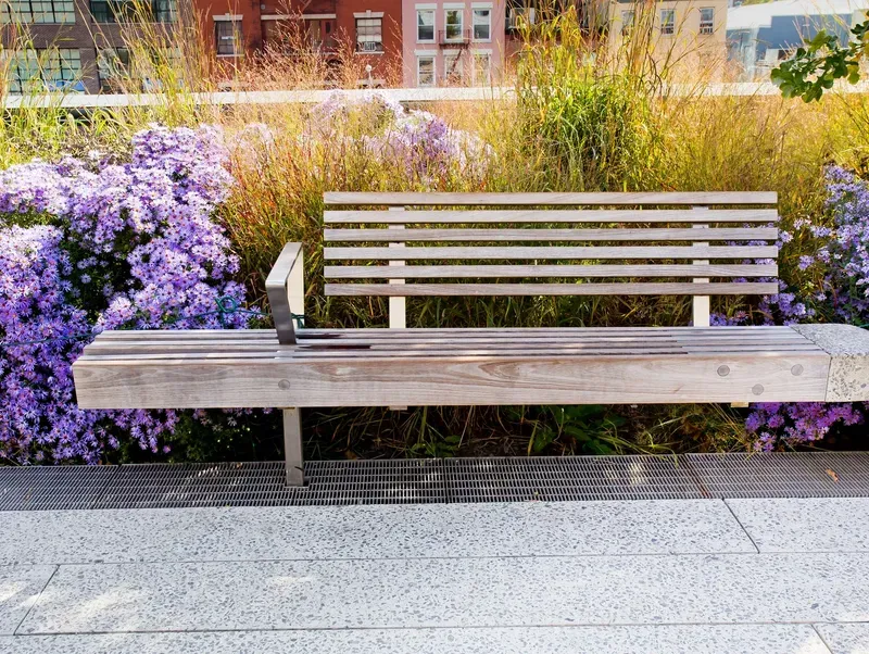 Bench amidst lush greenery and flowers